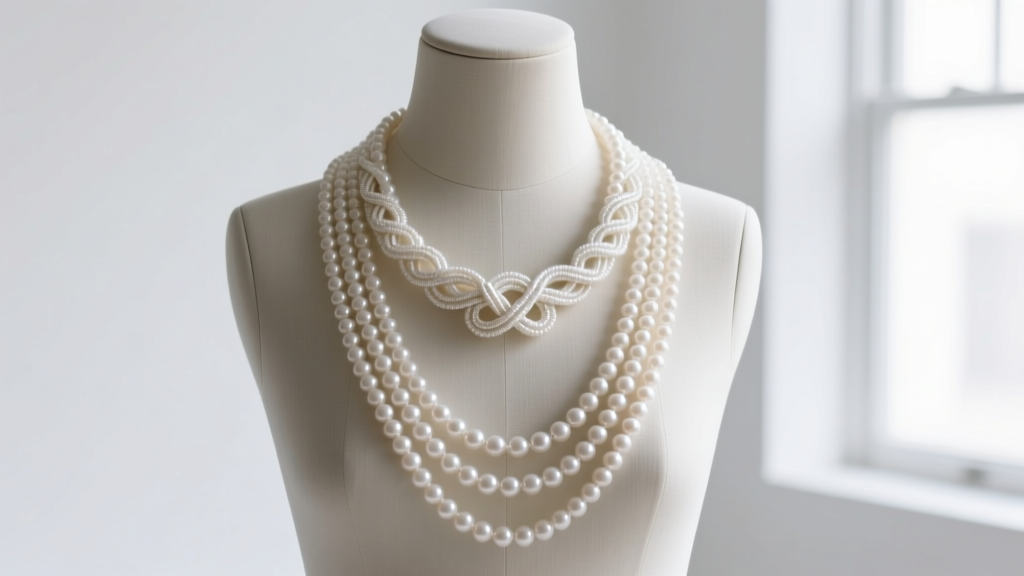 Studio shot of a mannequin wearing a 40-inch rope-length white beads long necklace, focusing on the knotting and elegant drape