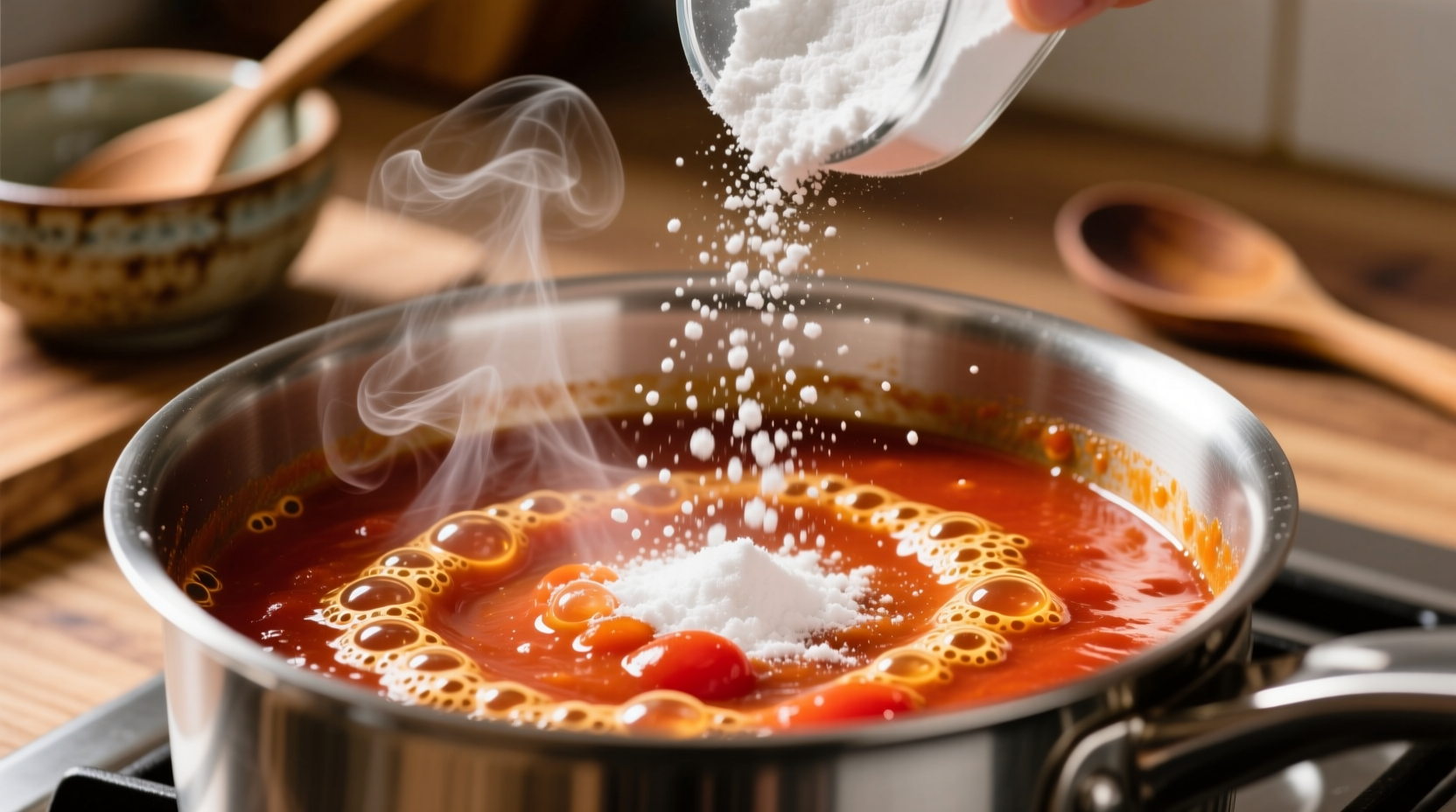 Close-up of baking soda being sprinkled into simmering tomato sauce