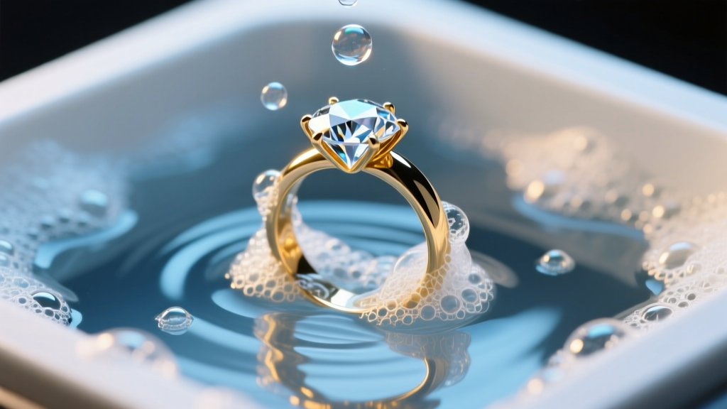 Macro photo of a cloudy diamond ring submerged in soapy water inside an ultrasonic tank, illuminated by bright overhead LED lights.