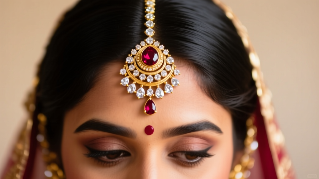 Close-up of an Indian bride wearing a 22k gold and uncut diamond maang tikka resting elegantly on her central hair parting