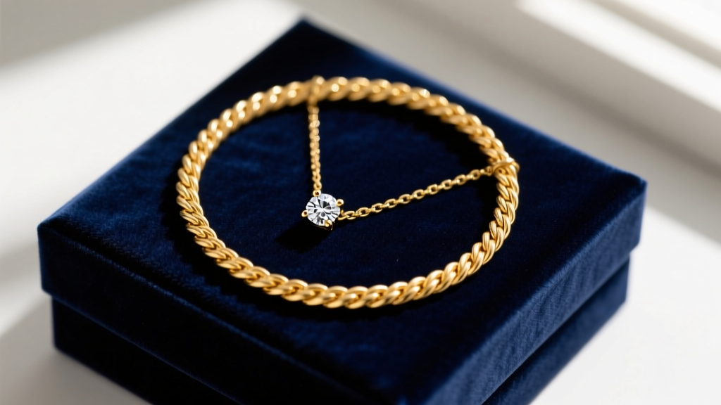 Elegant flat lay of a 14k yellow gold 20 inch rope chain with a solitaire diamond pendant resting on dark navy velvet gift box.