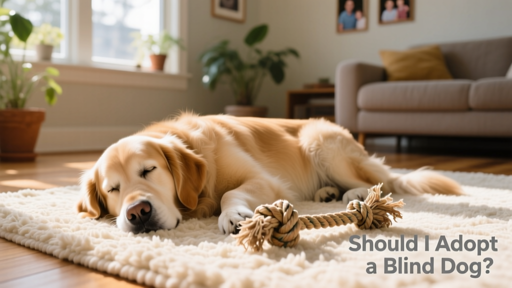 A gentle, calm blind dog resting on a soft rug with a textured toy nearby