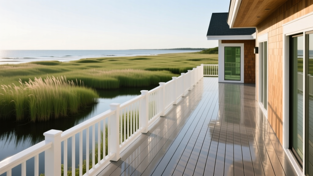 Coastal Cape Cod home in Barnstable featuring a cellular PVC deck with white railings overlooking salt marsh grasses