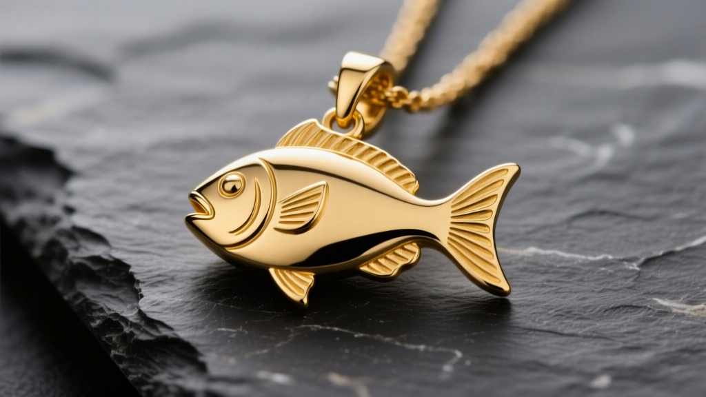 Close-up of a polished 14k yellow gold Jesus fish necklace resting on dark slate, illuminated by soft, warm directional lighting.