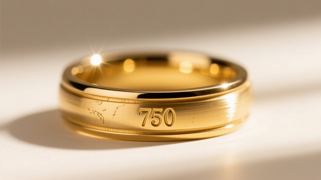 Macro photo of a vintage 18k yellow gold ring band showing a crisp 750 hallmark stamp illuminated by a bright jeweler's loupe light.