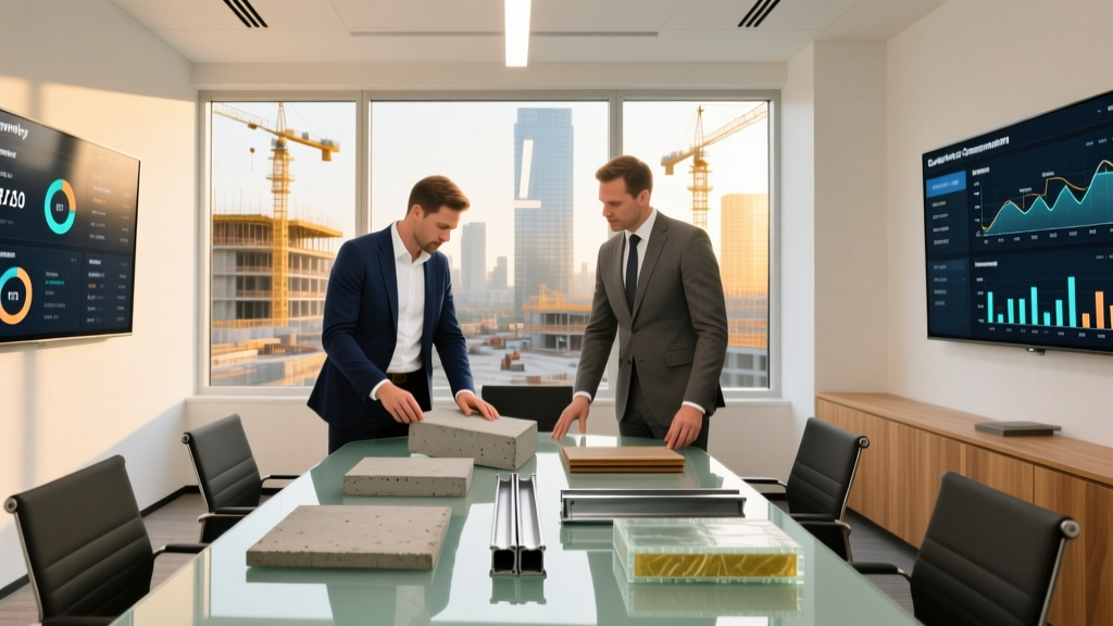 Site manager reviewing structural material samples and supply dashboards with a building materials corporation rep in a modern site office