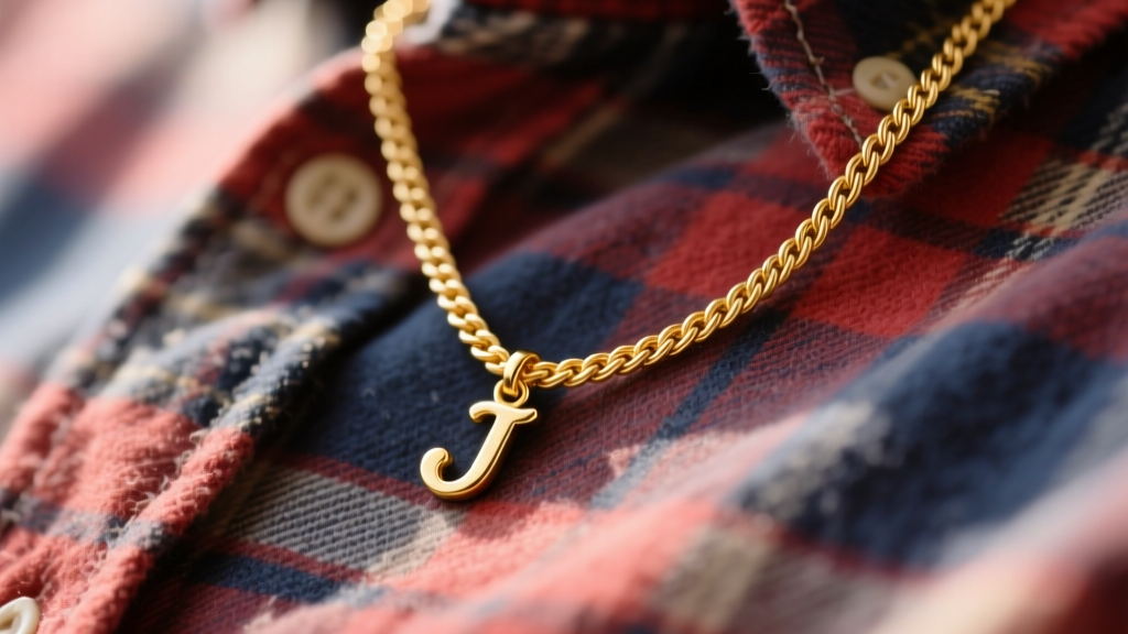 Close-up of a delicate 14k gold cable chain necklace with a small serif J initial pendant resting on a faded 1990s flannel shirt