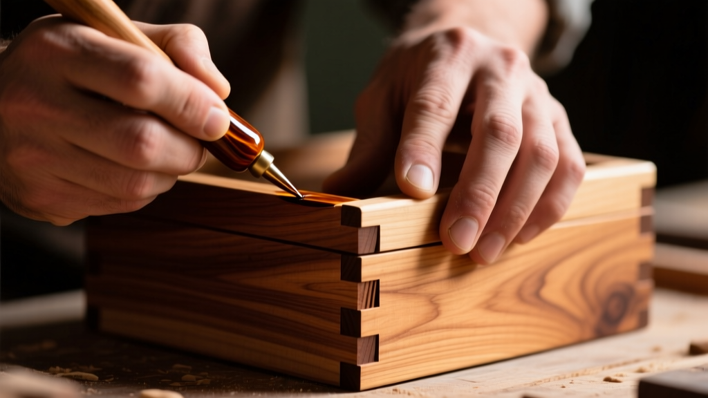 Hand applying tung oil to a cherry box, highlighting dovetail joinery on the corner under warm, directional workshop lighting.