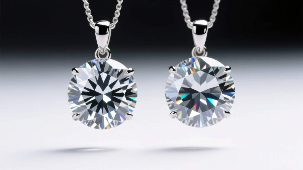 Macro comparison of natural and lab-grown diamond pendants side-by-side, showing identical facet patterns and bright brilliance