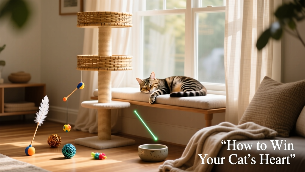 Well-organized living space with a cat tree, scratching post, window perch, and scattered interactive toys—showing a relaxed cat napping on a shelf