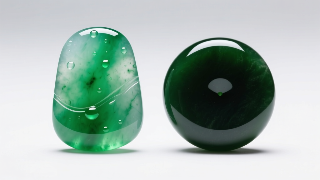 Macro shot of translucent green Grade A jadeite beside opaque dark green nephrite under bright gemological studio lighting setup.