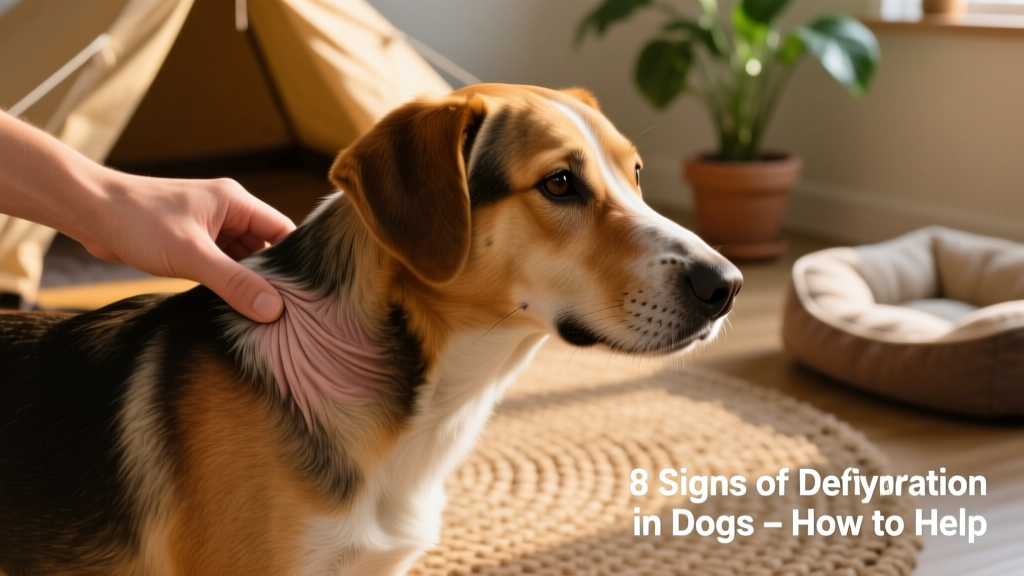 Hand gently lifting loose skin on a dog's shoulder to demonstrate the 'tent test'