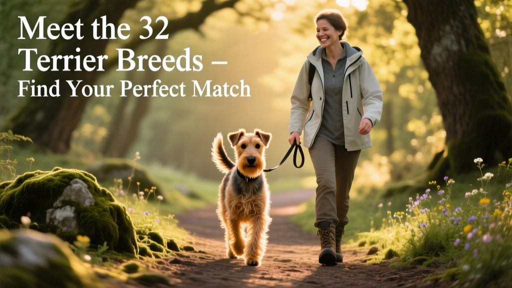 An Irish Terrier walking confidently beside its owner on a sunny trail