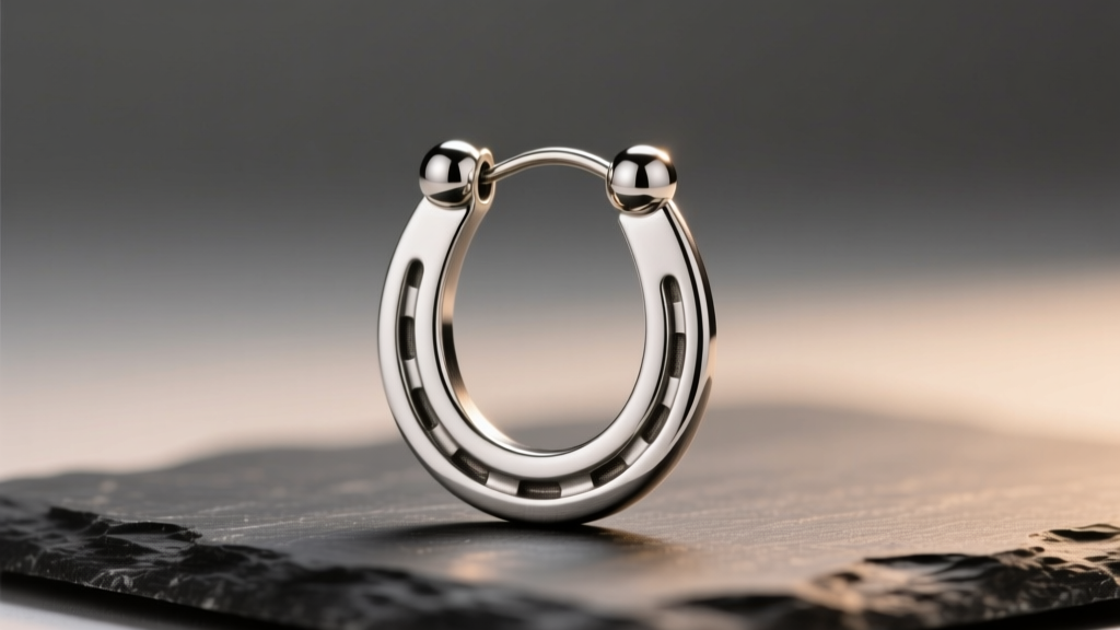 16-gauge titanium horseshoe hoop earring with 3mm bead ends resting on dark slate under soft, warm studio lighting.