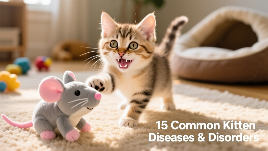 Happy, playful kitten interacting with a soft plush toy, showing healthy gums and teeth