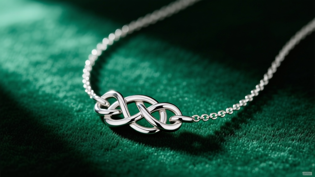 Polished 925 sterling silver Celtic love knot necklace on dark green velvet, highlighting the intricate interlaced metal loops.
