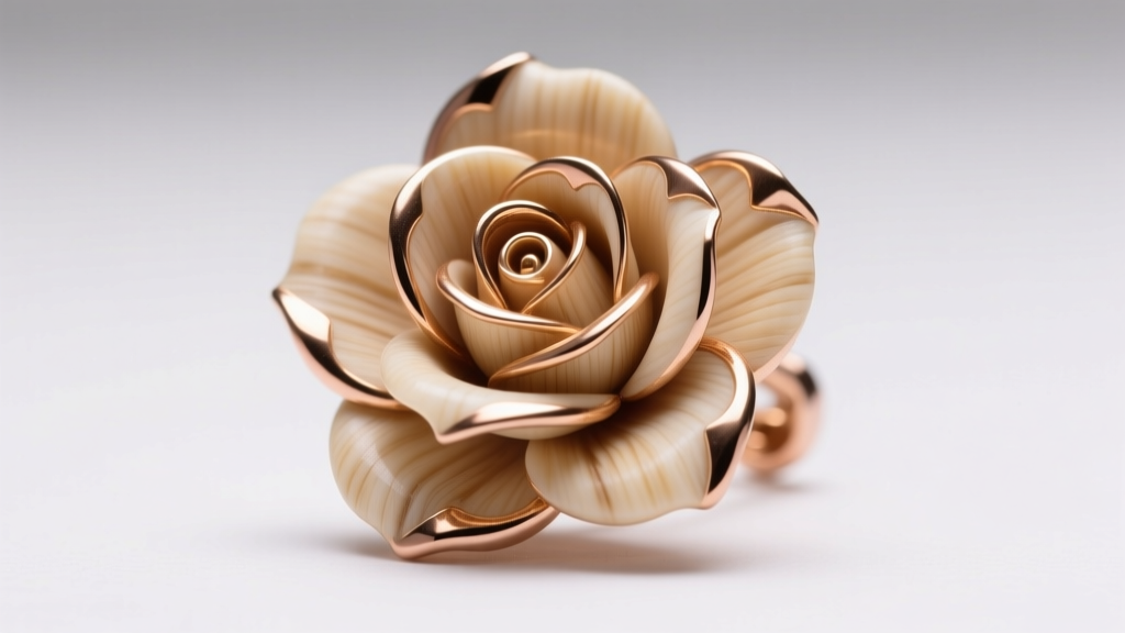 Macro shot of a carved mammoth ivory rose earring in rose gold, showing intricate petal undercuts and grain under studio lighting