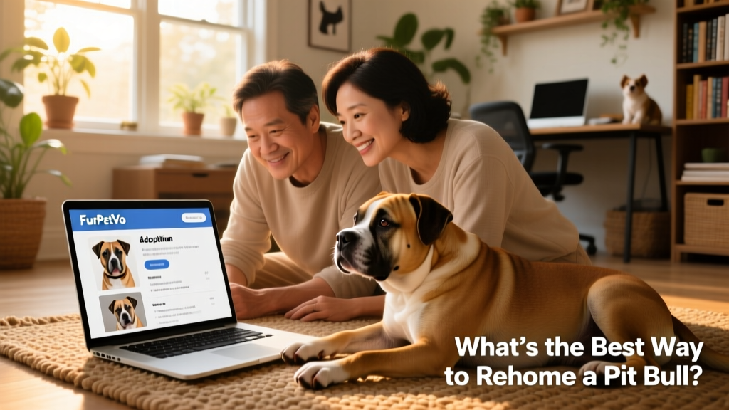 Two people reviewing a FurPetVo adoption application together on a laptop, with a relaxed pit bull resting nearby