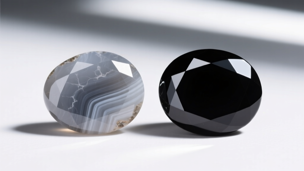 Comparison of dyed gray agate and rare natural black onyx cabochons, displaying subtle differences in light absorption and depth