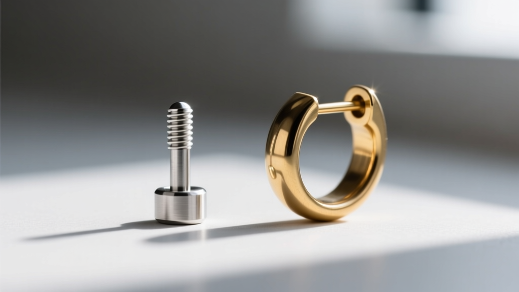 Close-up of an 18-gauge titanium earring post next to a bent 20-gauge brass post, highlighting metal thickness.