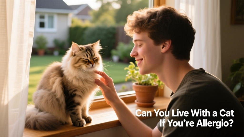 A person gently petting a relaxed cat on a sunlit windowsill