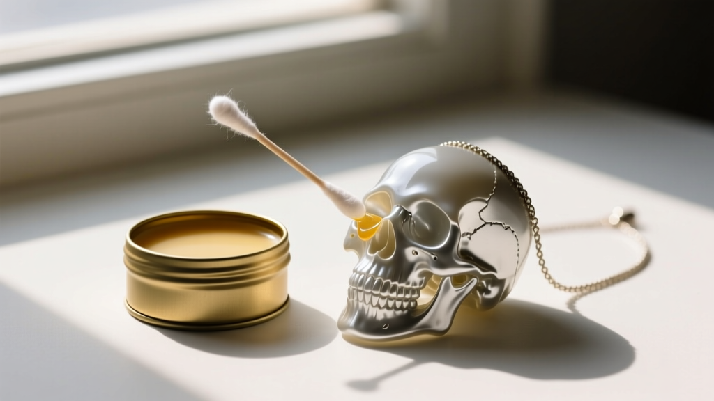 Small wax tin beside a matte resin skull necklace, a cotton swab applying a protective sealant to the detailed skull surface.