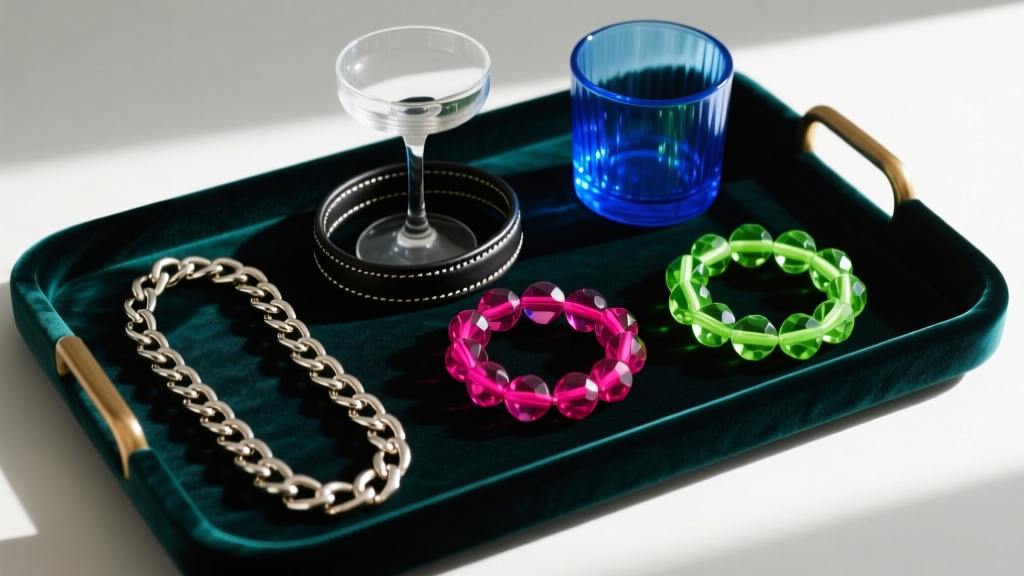 Flat lay of glasses necklace holders on a velvet tray, displaying metal chains, leather cords, and vibrant acrylic beaded designs.