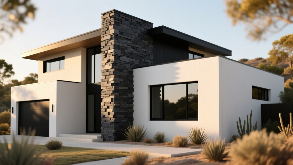 Modern home exterior with dark charcoal stacked ledge stone veneer accent walls contrasting against white stucco and black windows.