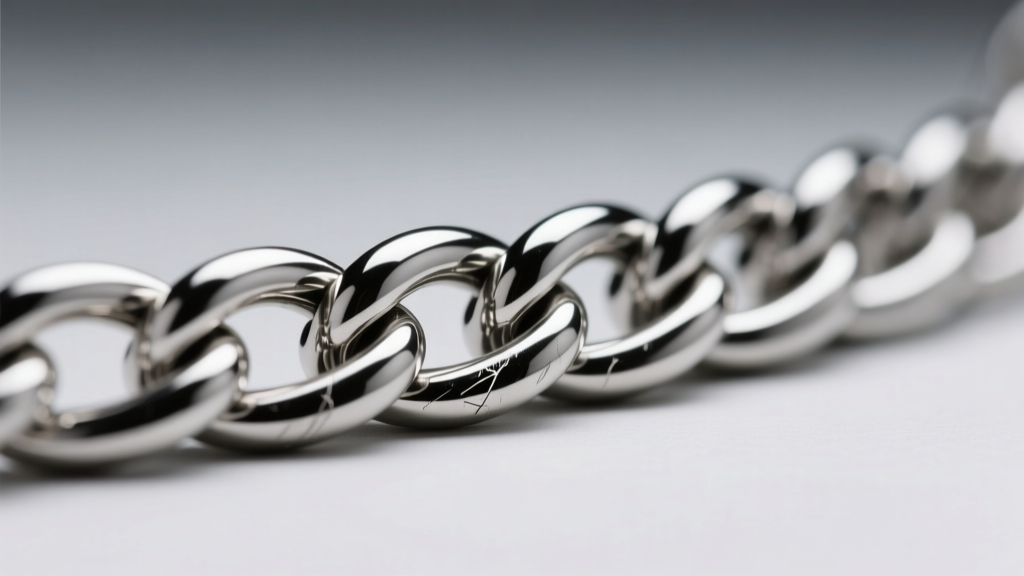 Close-up of a silver rolo chain structure showing interlocking round wire joints and polished metal under bright studio light.