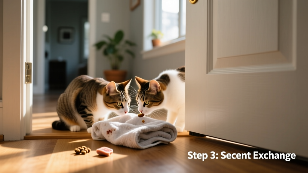 Close-up of two cats sniffing a shared towel placed near a closed door, with treats visible nearby