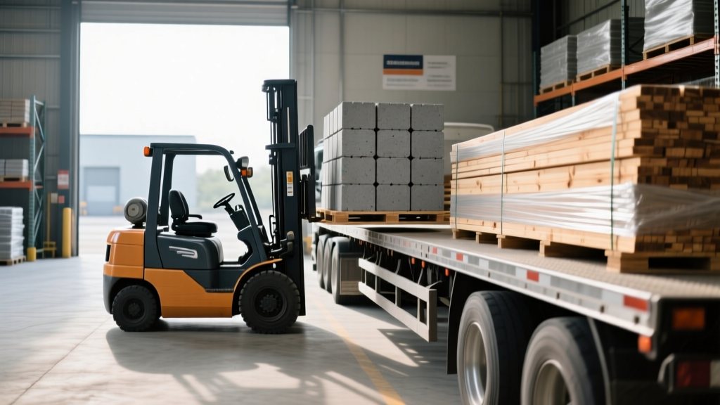 Forklift loading pallets of gray concrete masonry units and wrapped structural lumber onto a flatbed truck at a regional supply yard.