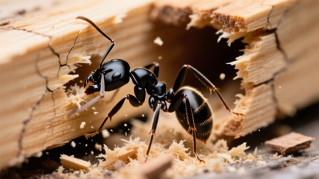 Close-up of a black carpenter ant excavating a gallery inside a cracked structural pine beam with sawdust frass accumulating below.
