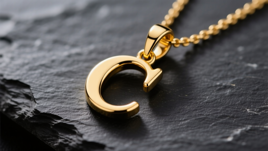 Close-up macro shot of a polished 14k yellow gold letter C necklace pendant on dark slate, highlighting crisp serif edges and bail.