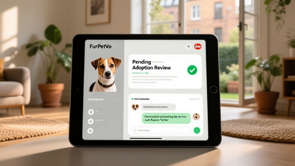 A well-organized FurPetVo dashboard showing a Jack Russell's profile, application status, and messaging interface