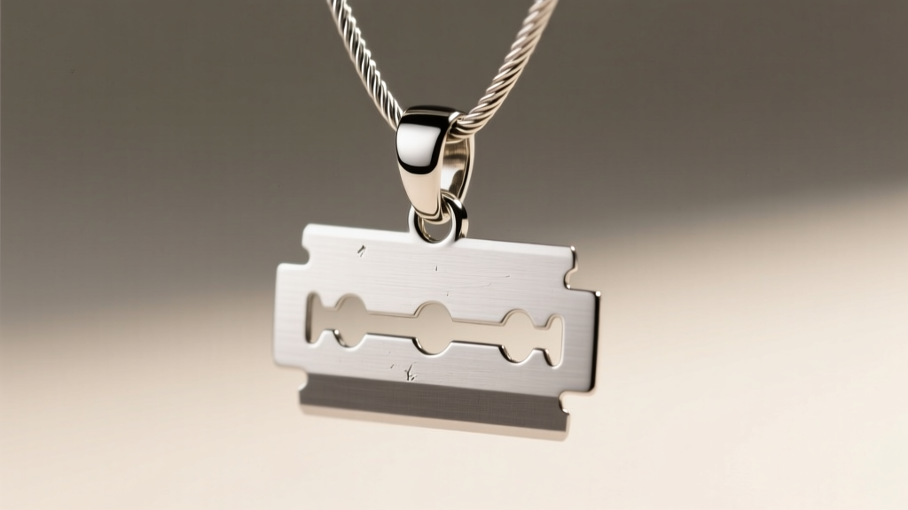 Close-up of a blunt-edged silver razor blade pendant with a thick bail and lobster clasp on a delicate 18-inch cable chain.