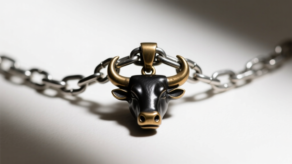Heavy 3mm stainless steel curb chain threaded through the bail of a matte black oxidized brass bull pendant, shown from above.