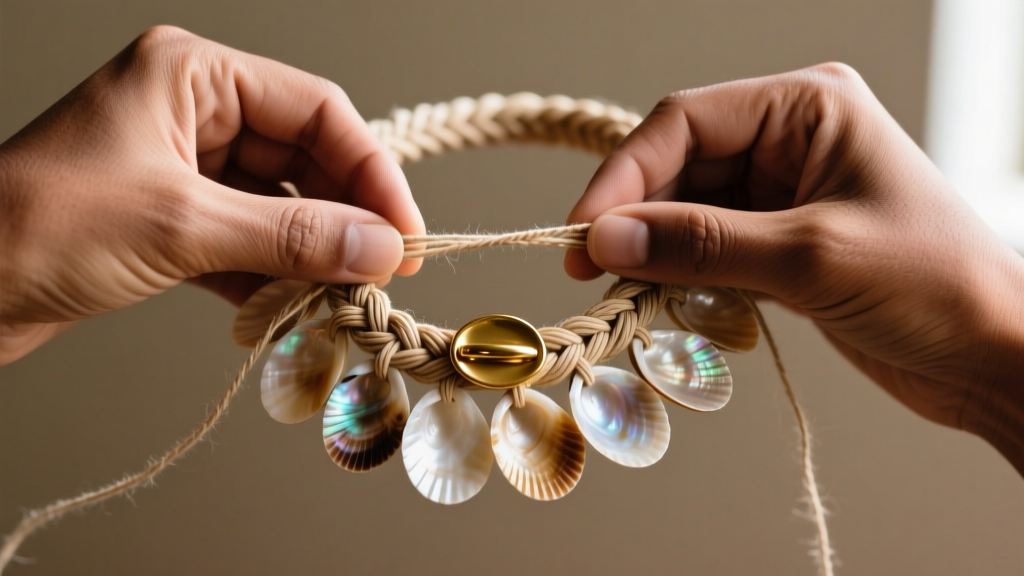 Close-up of hands using waxed nylon thread to weave a traditional poepoe style braided shell leis necklace gold clasp