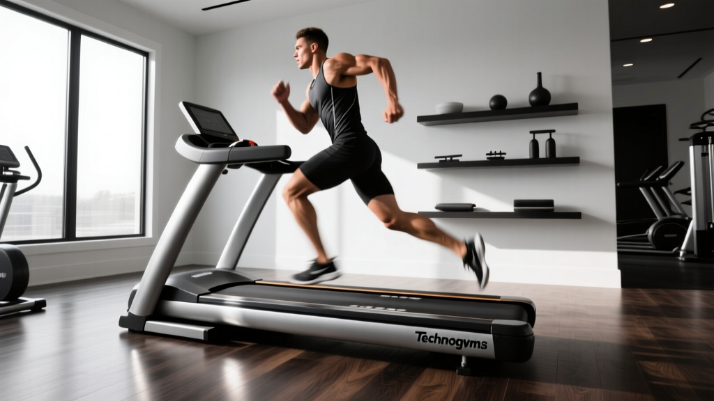 Athlete sprinting on a Technogym Skillmill curved treadmill in a modern luxury home gym with dark oak flooring and natural light