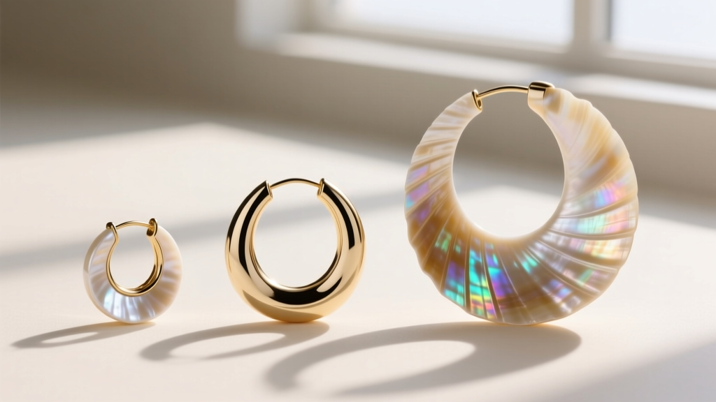 Diagram showing three shell hoop earring diameters: 12mm huggies, 20mm standard hoops, and 40mm oversized statement shell hoops