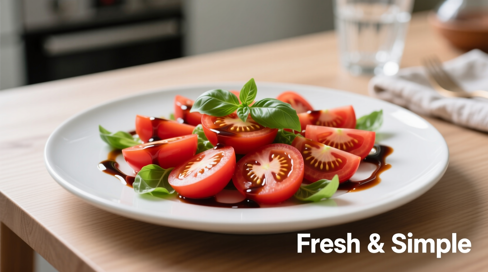 Fresh tomato salad with balsamic dressing on white plate