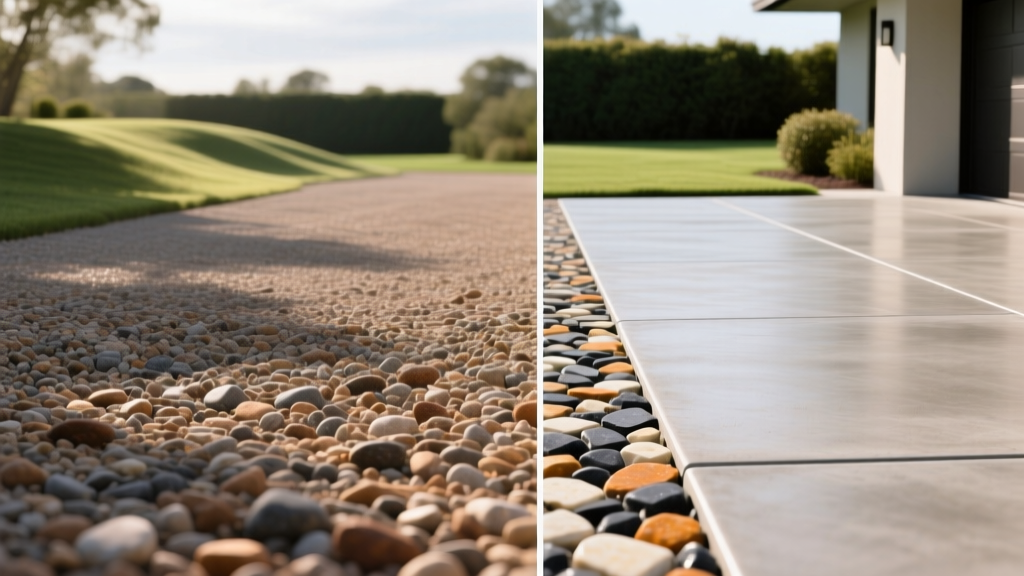 Split view of a loose crushed gravel driveway beside a smooth broom-finished concrete driveway with exposed aggregate edges