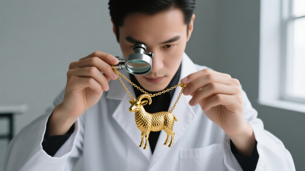 Jeweler using a loupe to inspect the soldered bail of a gold lamb necklace, showing the chain connection point.