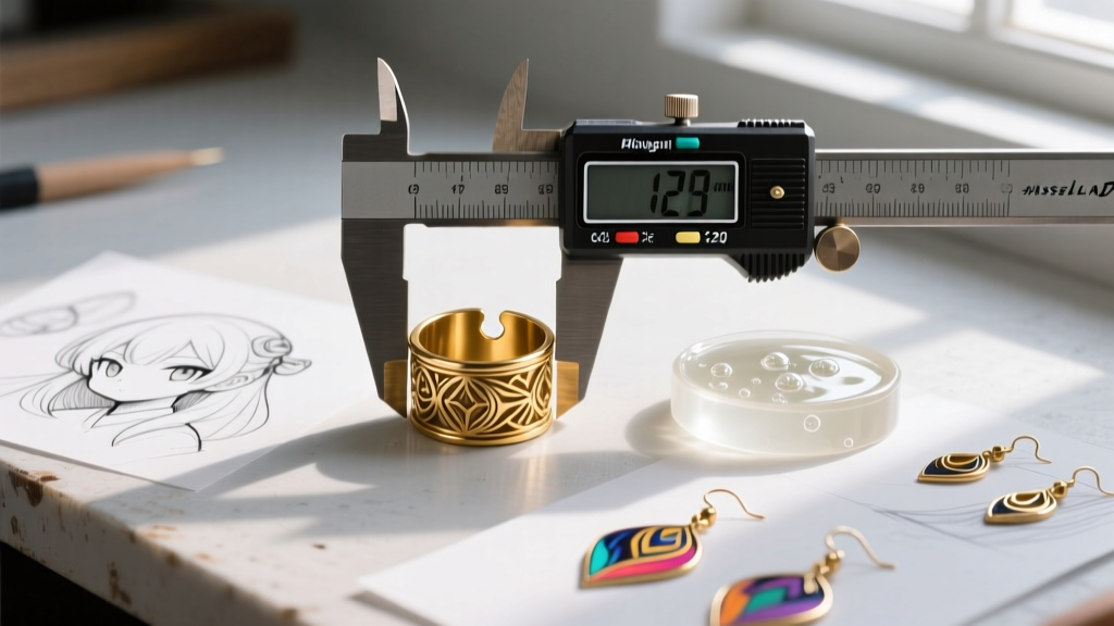 Digital calipers measuring a 12-gauge brass ear cuff on a workbench, next to raw casting resin and anime earring design sketches.