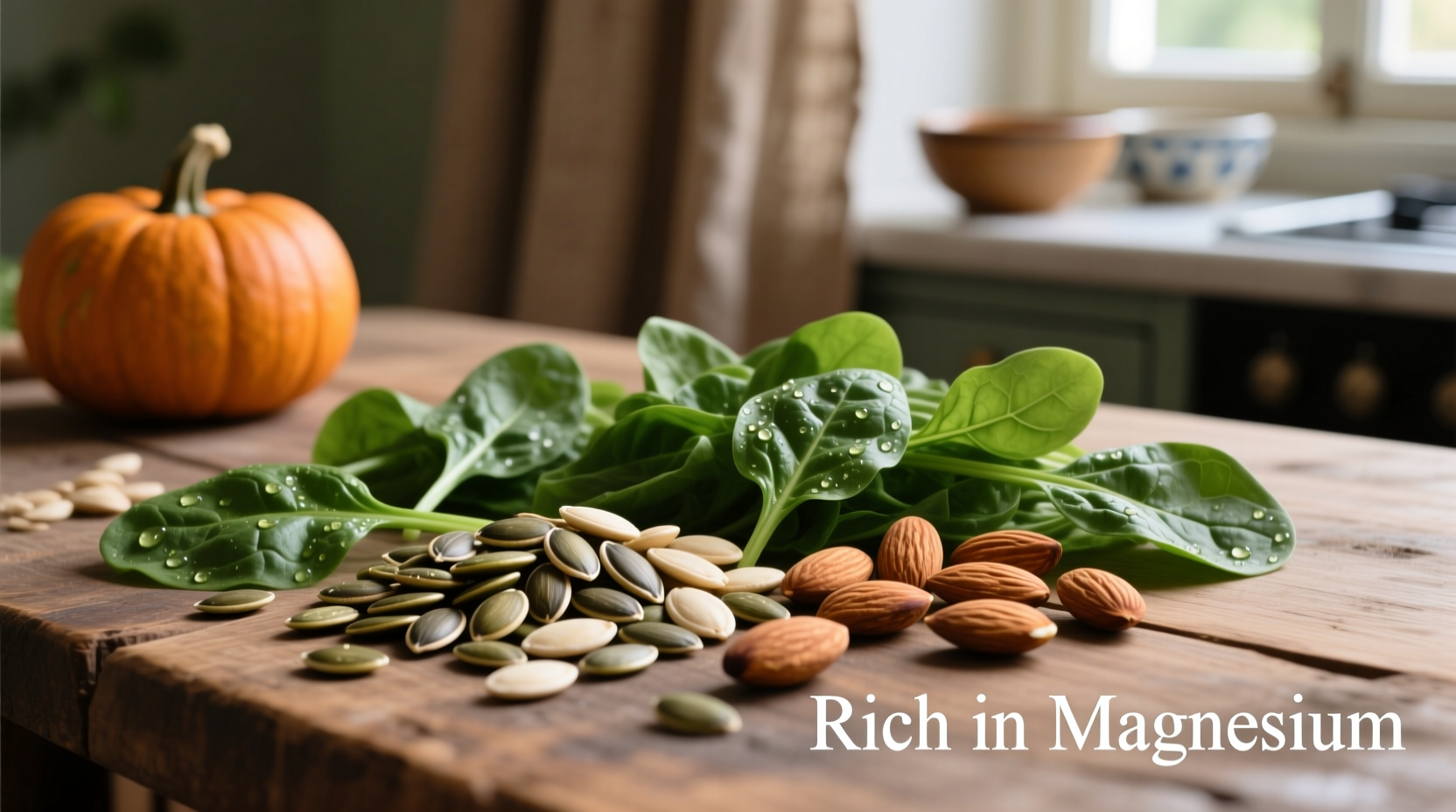 Magnesium-rich foods including pumpkin seeds, spinach, and almonds arranged naturally