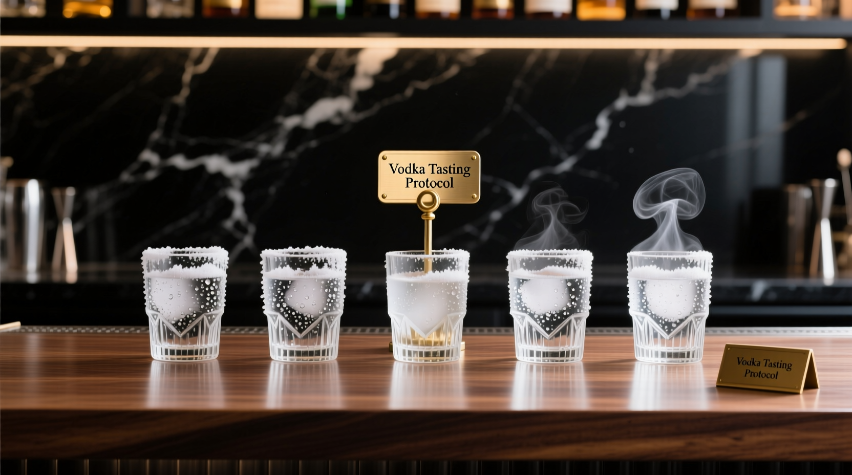 Professional vodka tasting setup with chilled glasses