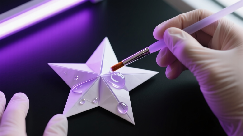 Nitrile gloves applying clear UV resin over a folded paper star with a silicone brush under a glowing purple UV lamp