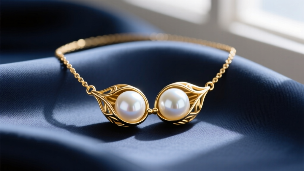 A 14k gold two peas in a pod necklace on silk, showing two lustrous round white freshwater pearls inside the pod.