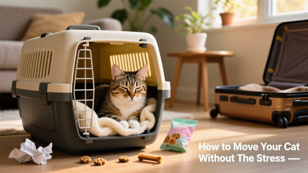 A calm cat resting inside an open carrier with a soft blanket and a few treats nearby