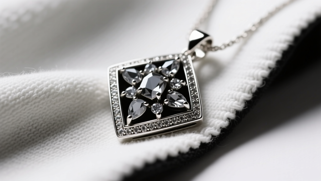 Soft microfiber cloth gently wiping raised silver edges of a marcasite pendant, avoiding the clustered gray pyrite stones entirely.