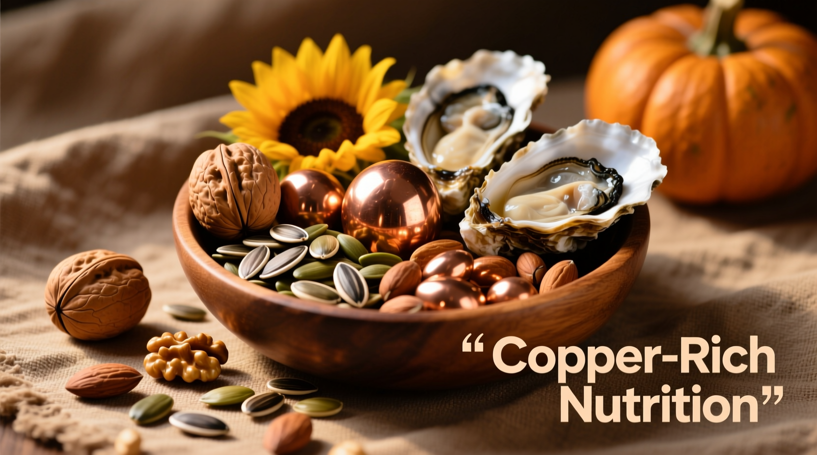 Colorful copper-rich foods including nuts, seeds, and seafood
